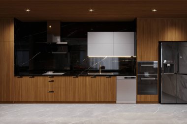 Ahşap Dolaplı Modern Mutfak, Kara Mermer Arka Sıçrama ve Paslanmaz Çelik Aletler