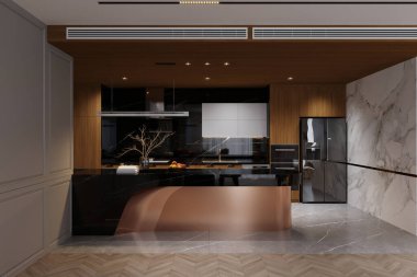 Mermer Duvarları, Kara Ada ve Tahta Aksanlı Modern Lüks Mutfak