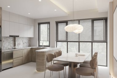 Mermer Aksanlı ve Çağdaş Işıklı Modern Minimalist Mutfak ve Yemek Alanı