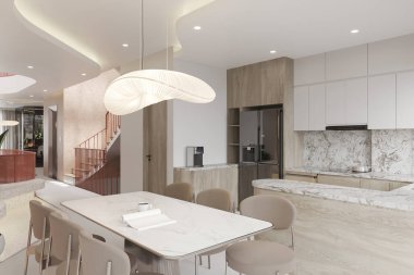 Mermer Sayaçlı ve Çağdaş Işıklı Modern Minimalist Mutfak ve Yemek Alanı