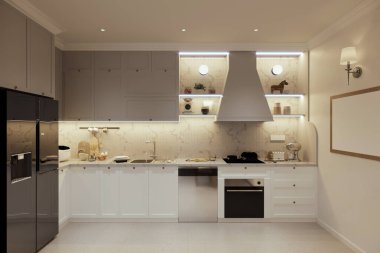 Modern Minimalist Mutfak Yüksek Kalite Aletleri ve Marble Backsplash