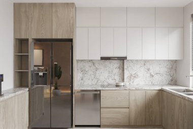 Ahşap Dolaplı Modern Minimalist Mutfak, Mermer Kaplama ve Paslanmaz Çelik Aletler