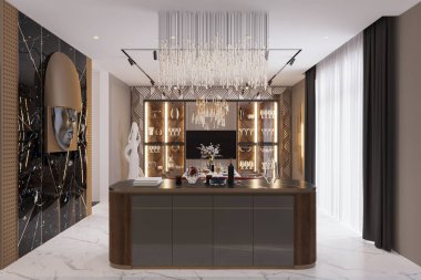 Luxury Modern Bar with Elegant Chandelier and Designer Display Cabinets clipart