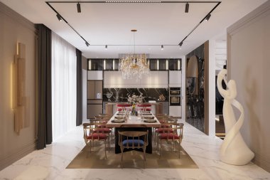 Marble Kitchen ve Altın Avizeli Lüks Modern Yemek Odası