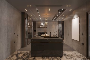 Mermer Ada ve Minimalist Işıklı Modern Endüstriyel Mutfak ve Yemek Odası