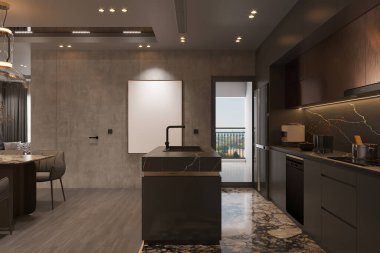 Karanlık Mermer Adası ve Manzara Balkon Manzaralı Modern Açık Kavramlı Mutfak