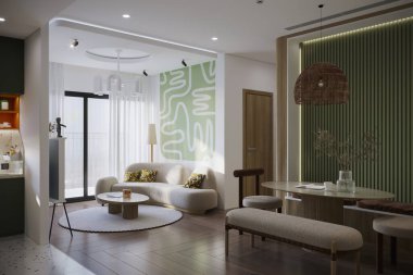 Yeşil Aksan Duvarı ve Saf Mobilyalı Modern İskandinav Oturma Odası
