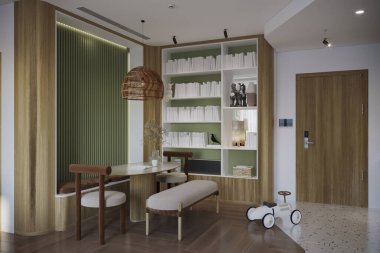 Kitaplığı ve rahat koltuğu olan İskandinav Modern Yemek Alanı