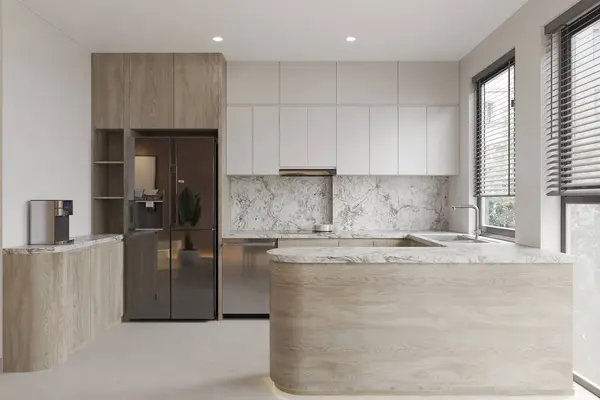 Stock image Modern Minimalist Kitchen with Marble Backsplash and Natural Wood Accents