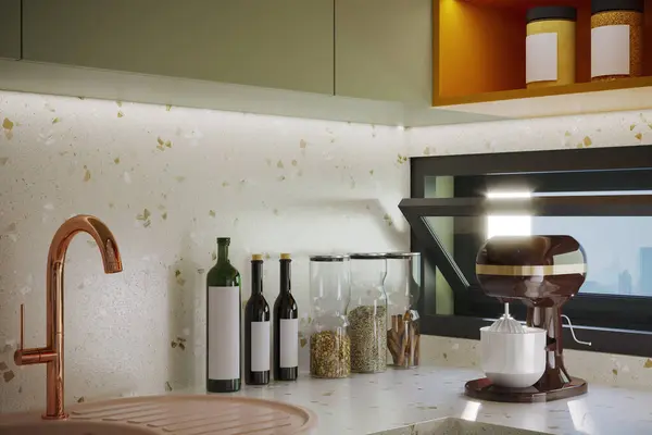 stock image Modern Kitchen Counter with Terrazzo Backsplash, Copper Faucet, and Kitchen Appliances