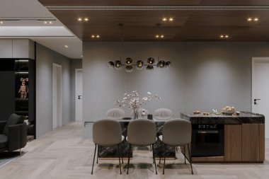 Mermer Adası ve Modern Işıklandırma ile Çağdaş Açık Kavramlı Mutfak