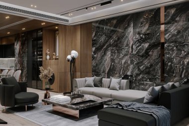 Mermer Aksan Duvarı ve Mobilyalı Lüks Modern Oturma Odası