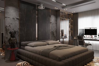 Karanlık Dekor ve Üst Düzey Çalışma Alanlı Modern Lüks Yatak Odası