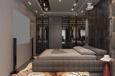 Şık Cam Gardırobu ve Minimalist Tasarımı olan Modern Lüks Yatak Odası
