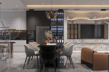 Mermer Şömine ve Tasarımcı Mutfağı ile Modern Lüks Yemek Alanı