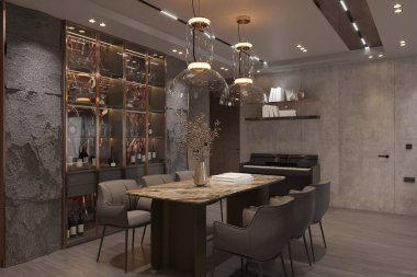 Mermer Masalı ve Cam Vitrinli Modern Lüks Yemek Odası