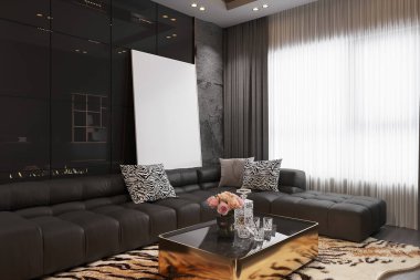 Modern Lüks Oturma Odası Siyah Deri Koltuğu ve Altın Kahve Masası