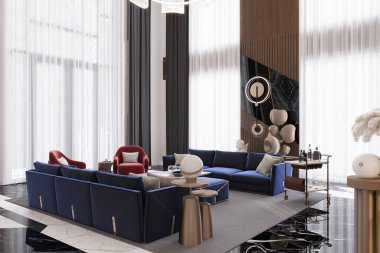 Kalın Mavi Koltuklu ve Şık Kırmızı Kollu Modern Lüks Oturma Odası