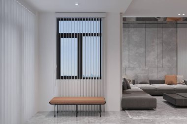 Modern Minimalist Oturma Odası Şık Benç ve Büyük Pencere Perdeleri