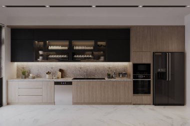 Doğal Ahşap Dolapları ve Taş Kaplamalı Modern Minimalist Mutfak