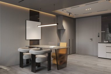 Tasarımcı Sandalyeleri ve Minimalist Işıklandırması ile Modern Yemek Bölgesi