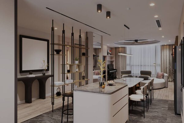 Contemporary Open-Plan Living Area with Kitchen Island and Stylish Shelving Divider