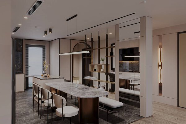 Modern Minimalist Kitchen and Dining Area with Marble Accents