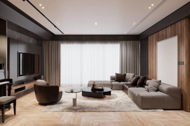 Geniş Kısmlı Kanepe ve Minimalist Dekorlu Çağdaş Oturma Odası