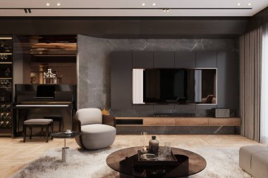 Piyano ve Modern Oturma Odası Dekorlu Lüks Ev Tiyatrosu