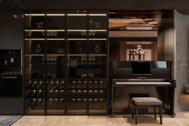 Şatafatlı Ev İçi Şarap Mahzeni ve Büyük Piyano Zarif Ayarları