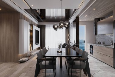 Modern İç Tasarım ve Panoramik Şehir Manzaralı Lüks Açık Planlı Yemek Odası ve Mutfak