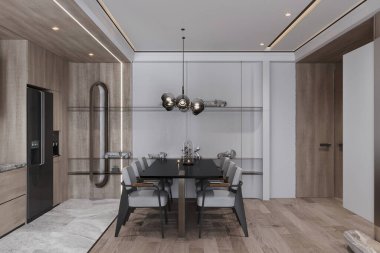 Parlak Siyah Masalı ve Çağdaş Işıklı Modern Minimalist Yemek Odası
