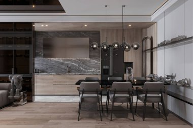 Parlak Gri Dolaplar ve Tasarımcı Aydınlatma ile Modern Açık Konsept Mutfak ve Yemek Alanı