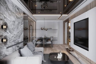 Mermer Aksan Duvarı ve Mobilya Tasarımlı Modern Açık Konsept Oturma ve Yemek Odası