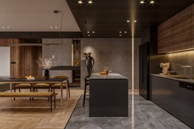 Modern Işıklandırma ve Sanatsal Dekorasyonlu Çağdaş Açık Planlı Mutfak ve Yemek Alanı