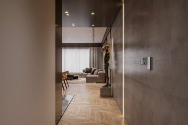 Konforlu Oturma Odasına Giden Heykel Sanatıyla Çağdaş Koridor