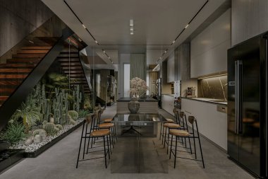 Lüks Modern Mutfak ve Yemek Alanı. Kapalı Kaktüs Bahçesi ve Parlak Merdivenler.
