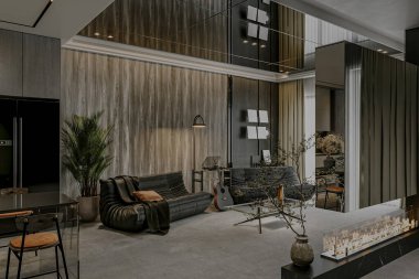 Şömine ve Akustik Gitarlı Lüks Modern Oturma Odası