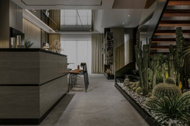 Modern Mutfak İçi Kapalı Kaktüs Bahçesi ve Açık Konsept Tasarımı