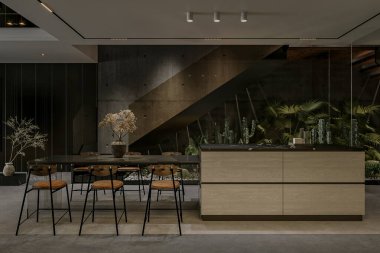 Kapalı Yeşil ve Beton Duvarlı Modern Minimalist Mutfak