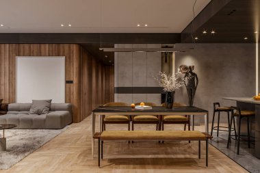 Sanat Heykelleri ve Konforlu Yaşam Alanı ile Modern Açık Konsept Yemek Alanı