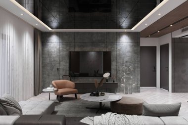 Modern Tasarımlı Çağdaş Açık Konsept Oturma Odası ve Mutfak