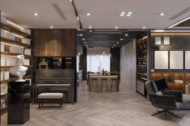 Piyano ve Heykel Dekorlu Çağdaş Açık Planlı Oturma Odası ve Mutfak