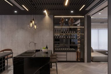 Modern Şarap Depolama ve Zarif Işıklı Lüks Ev Barları ve Mutfağı