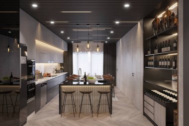 Ada ve Çağdaş Ev 'de Yapılandırılmış Şarap Deposu olan Lüks Modern Mutfak