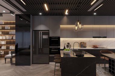 Modern Lüks Mutfak İçi Mermer Tezgahlar ve Şık Aletler