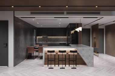 Beton Adası ve Bar Tabureli Modern Minimalist Mutfak