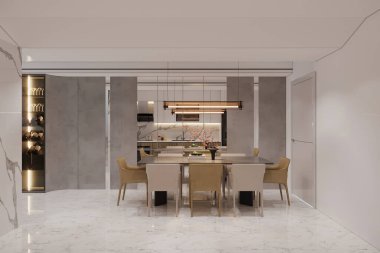 Mermer döşemeli ve modern ışıklandırmalı Zarif Minimalist Yemek Odası