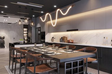 Lüks Mutfakta Tasarımcı Aydınlatma ile Çağdaş Akşam Yemeği Alanı