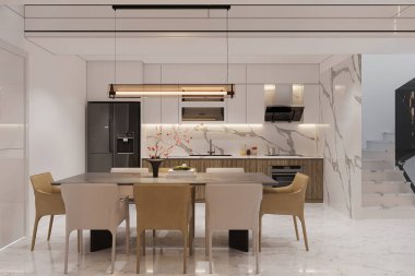 Mermer Aksanlı ve Çağdaş Işıklı Lüks Modern Mutfak ve Yemek Odası